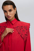 Camicia con collo largo ricamato in misto cotone