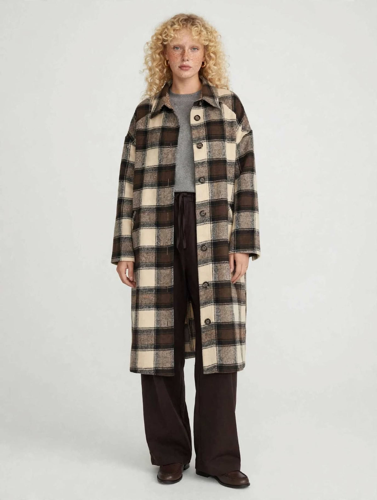 Cappotto Lungo Oversize a Quadri Beige/Moro - EDINBURGH
