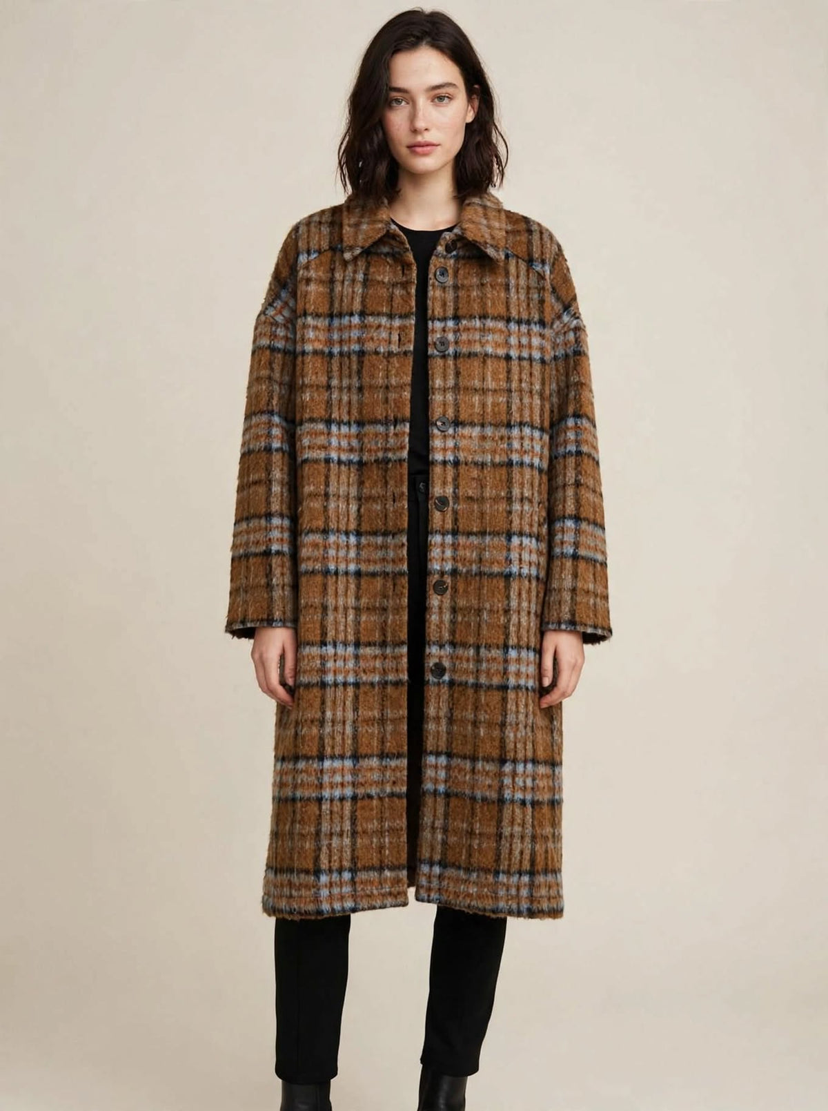 Cappotto Lungo Oversize a Quadri - AMBER Cammello & Azzurro