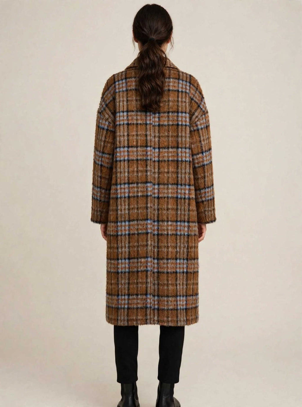Cappotto Lungo Oversize a Quadri - AMBER Cammello & Azzurro