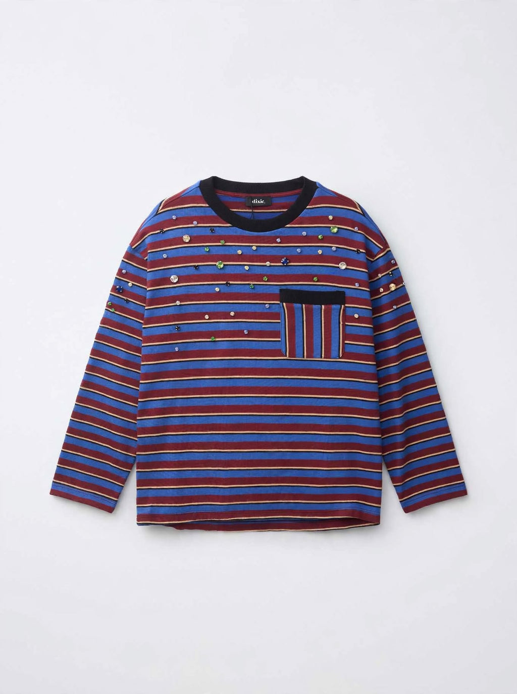 Maglia a Maniche Lunghe a Righe con Taschino e Strass Multicolor -