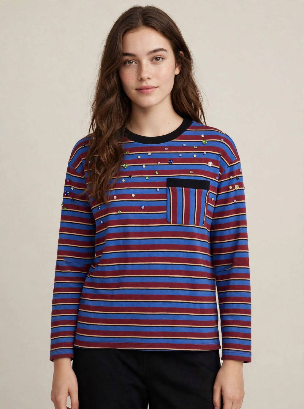 Maglia a Maniche Lunghe a Righe con Taschino e Strass Multicolor -