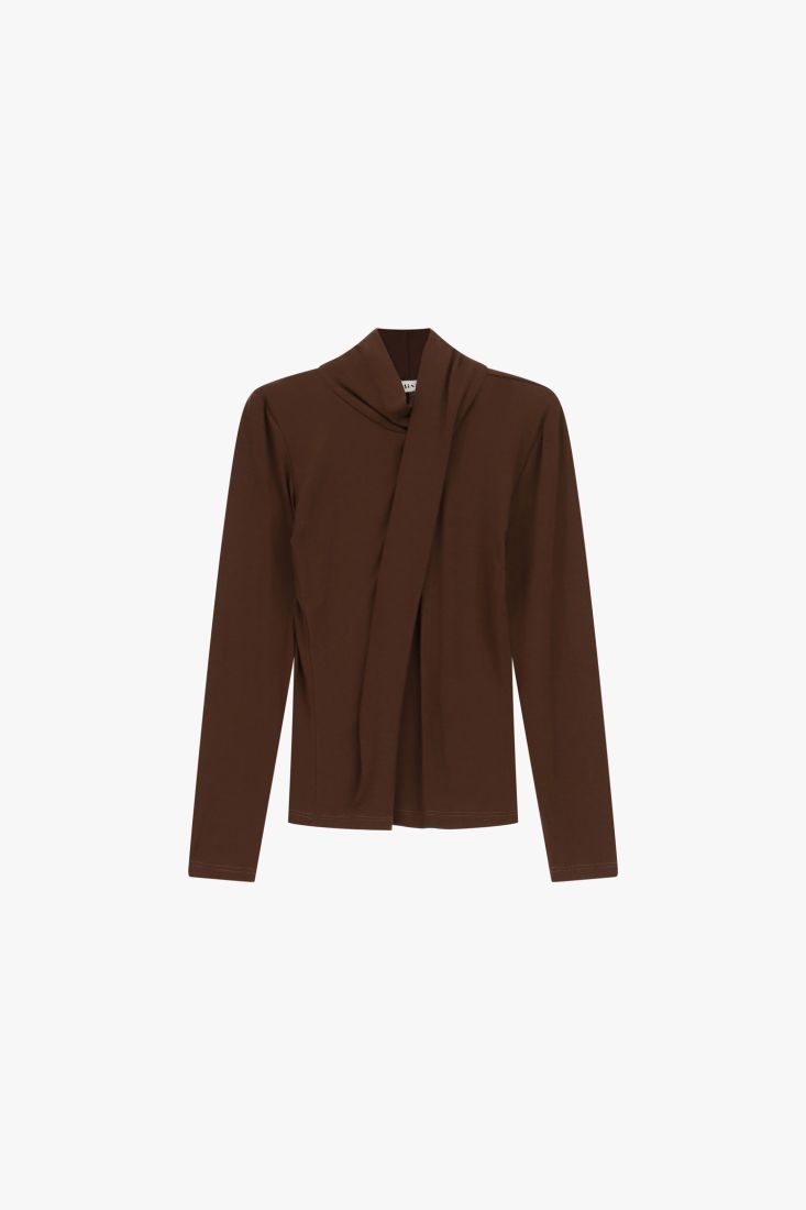 Maglione girocollo asimmetrico drappeggiato maniche lunghe