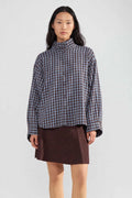 Camicia Oversize a Quadri con Collo Alto - Azzurro / Marrone