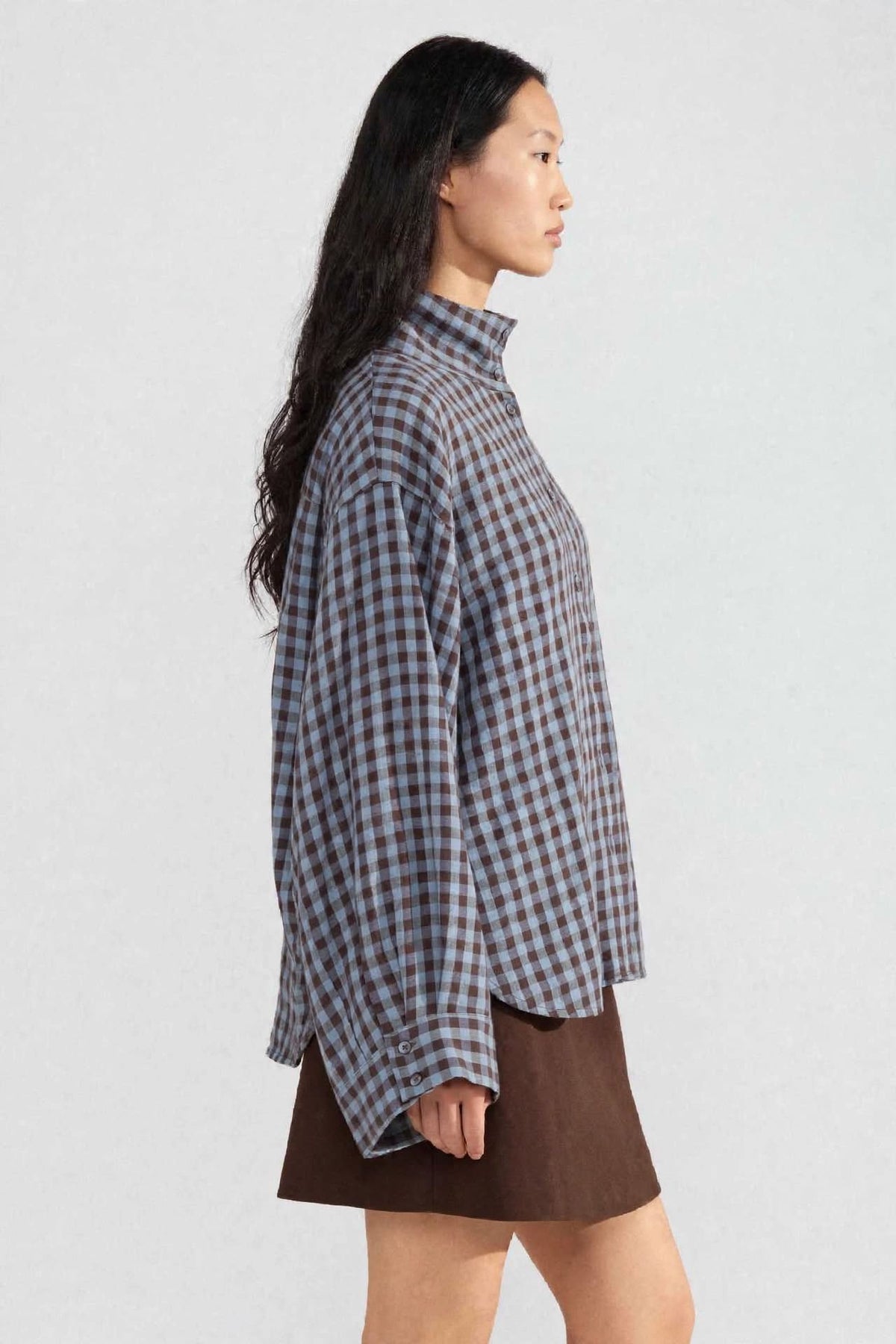 Camicia Oversize a Quadri con Collo Alto - Azzurro / Marrone