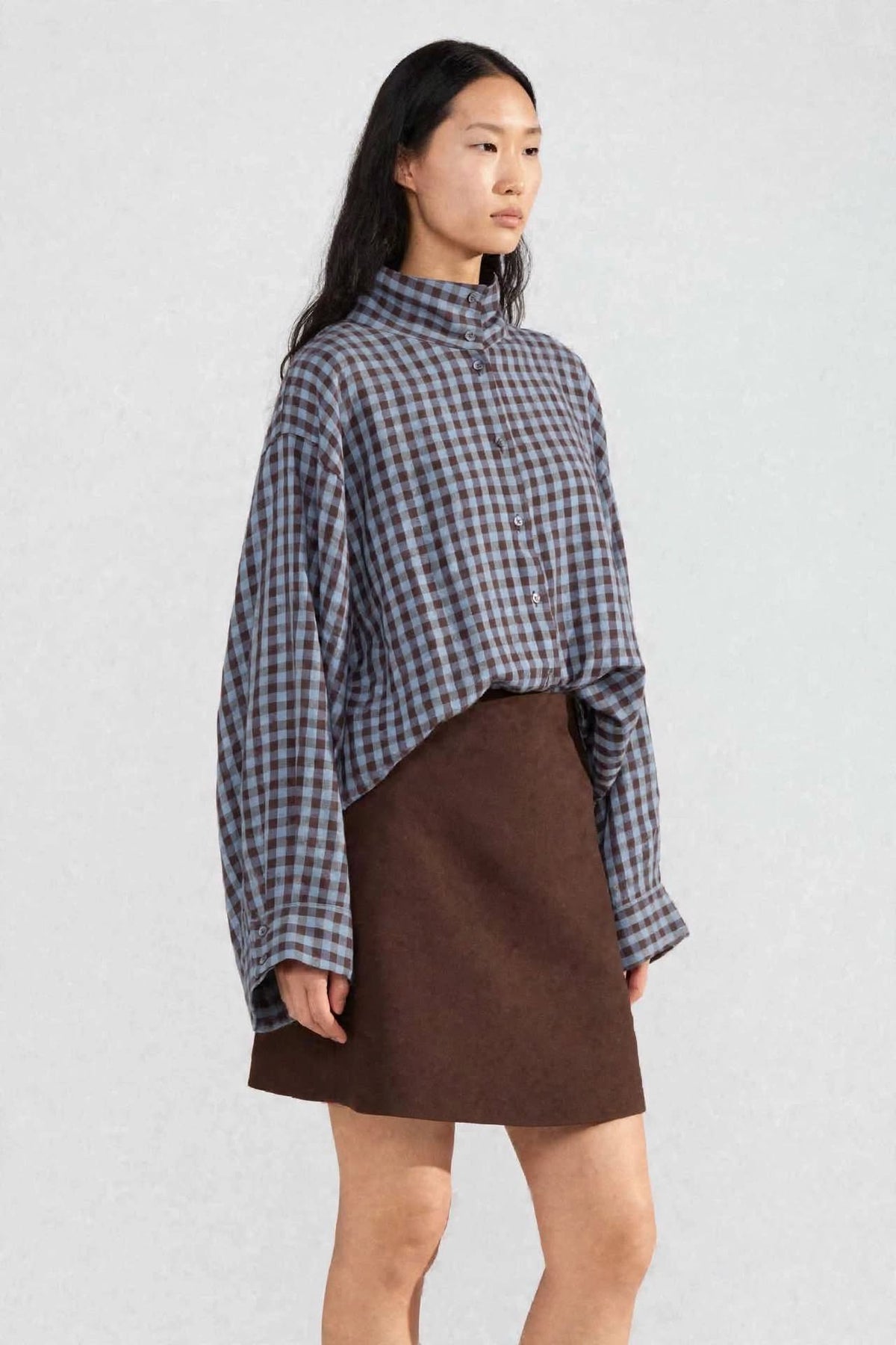 Camicia Oversize a Quadri con Collo Alto - Azzurro / Marrone