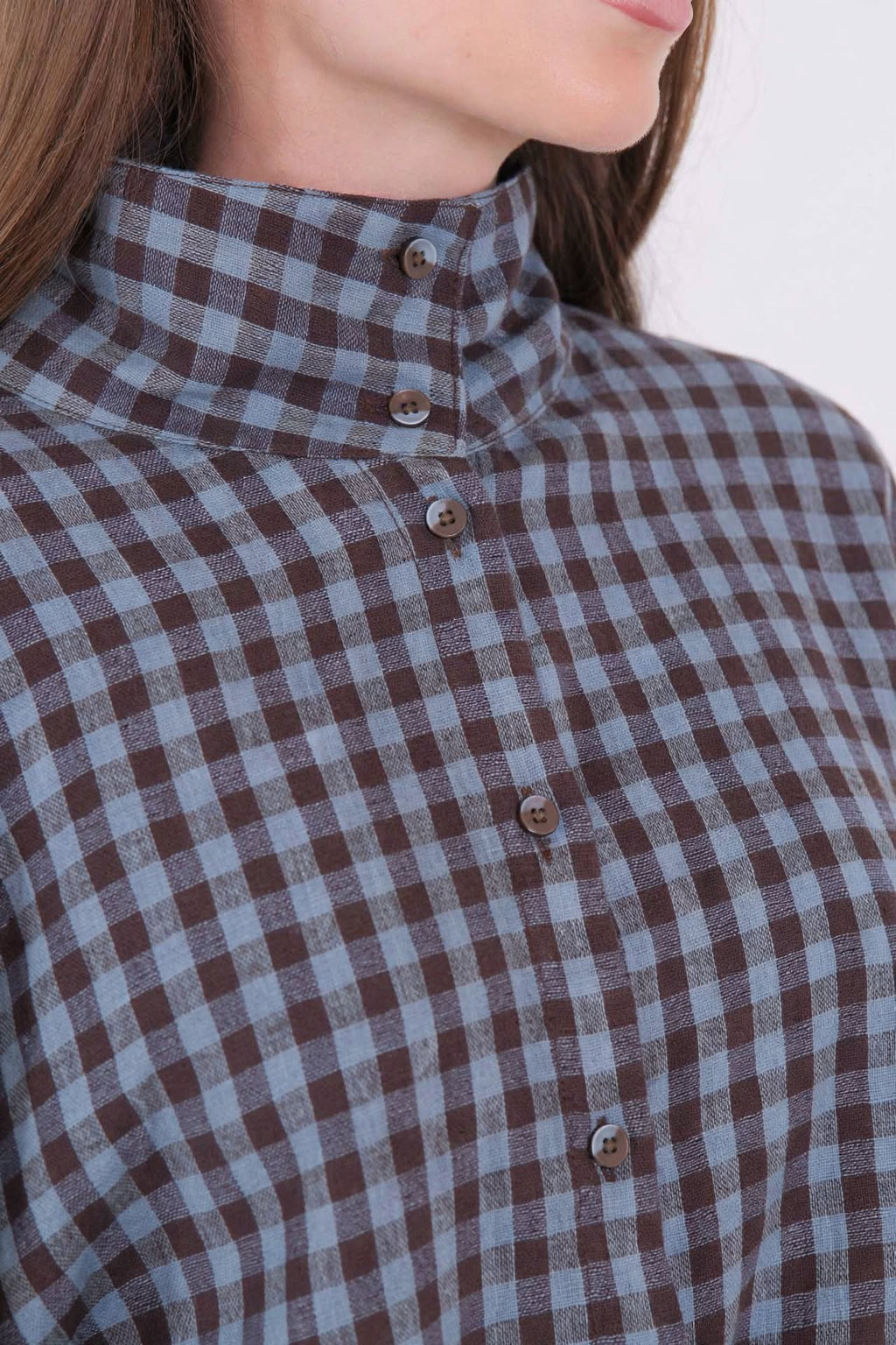 Camicia Oversize a Quadri con Collo Alto - Azzurro / Marrone