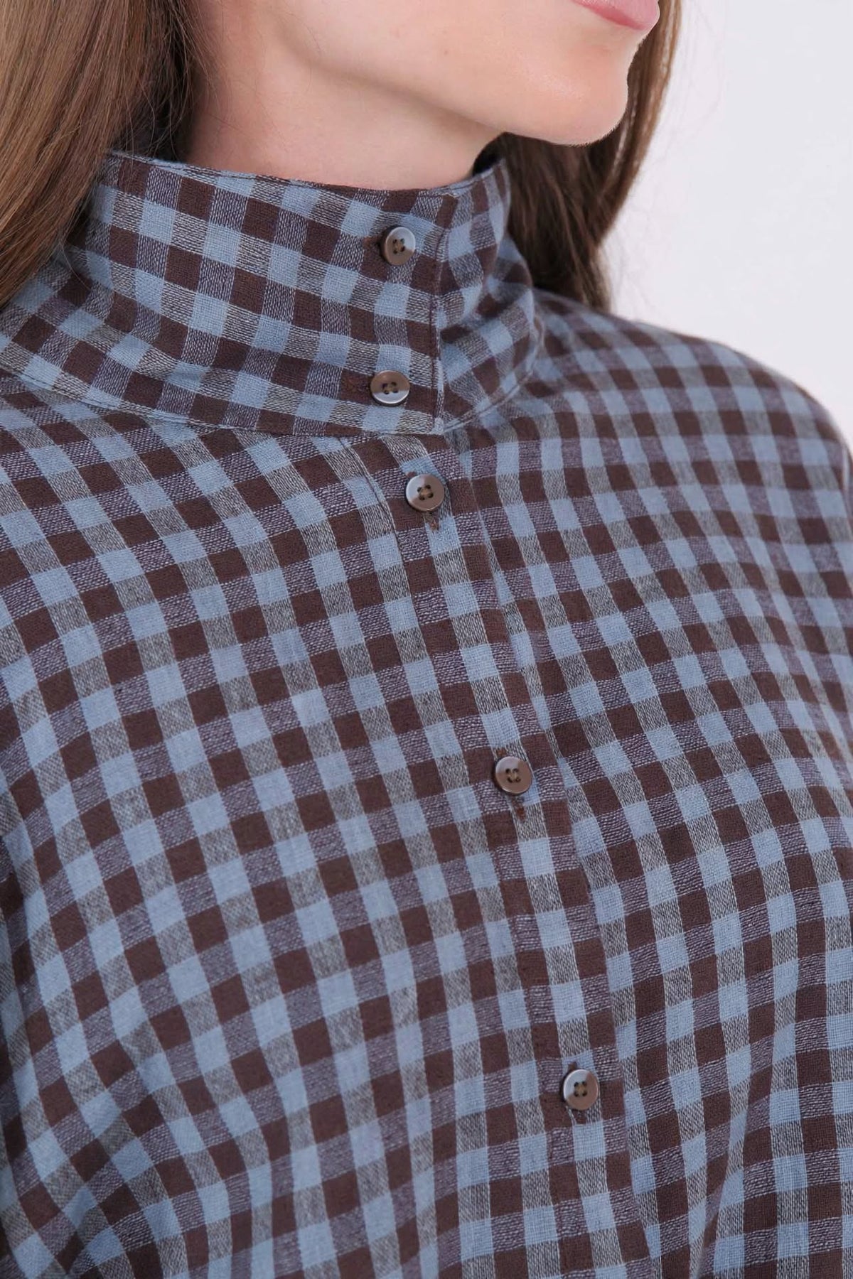 Camicia Oversize a Quadri con Collo Alto - Azzurro / Marrone