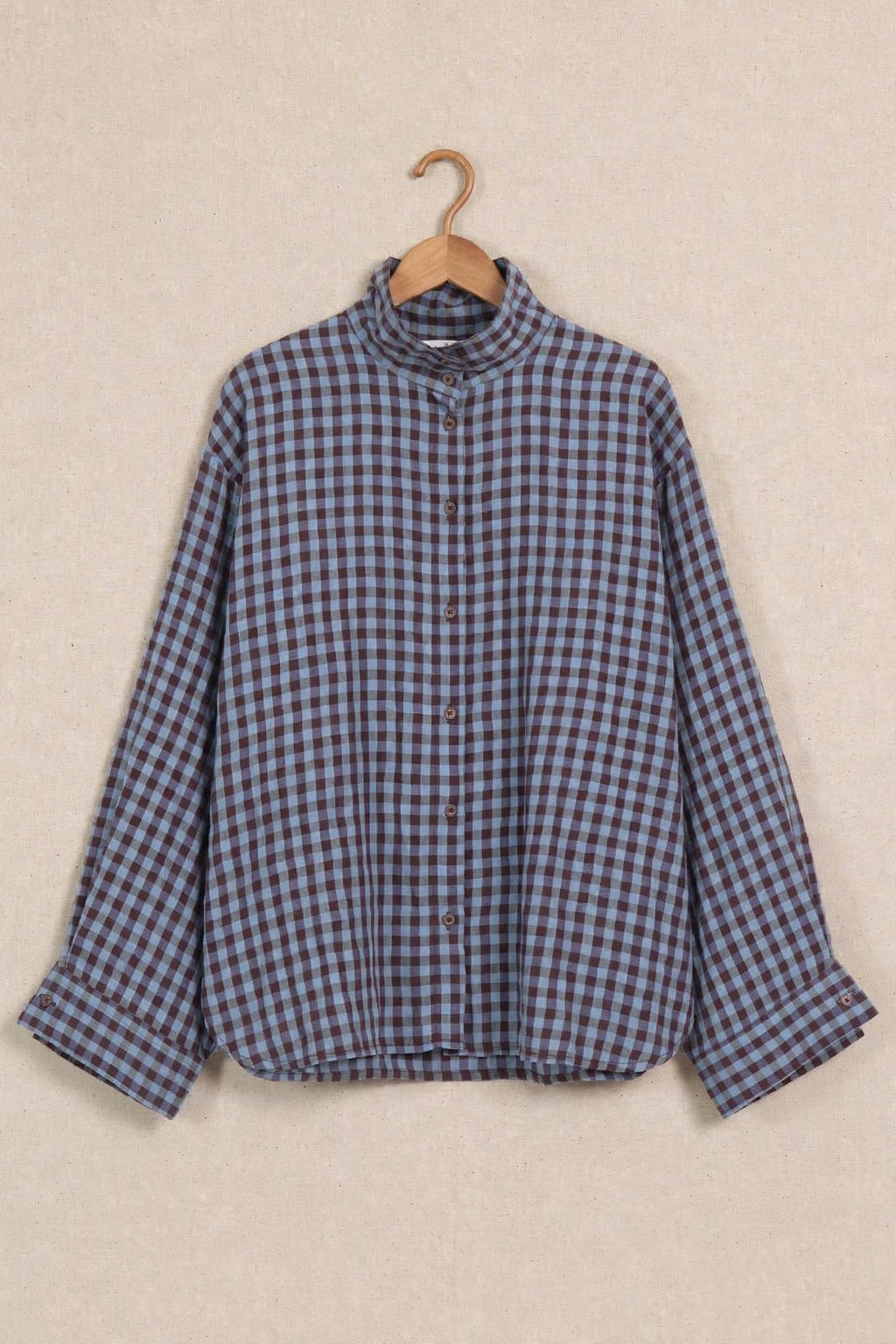 Camicia Oversize a Quadri con Collo Alto - Azzurro / Marrone