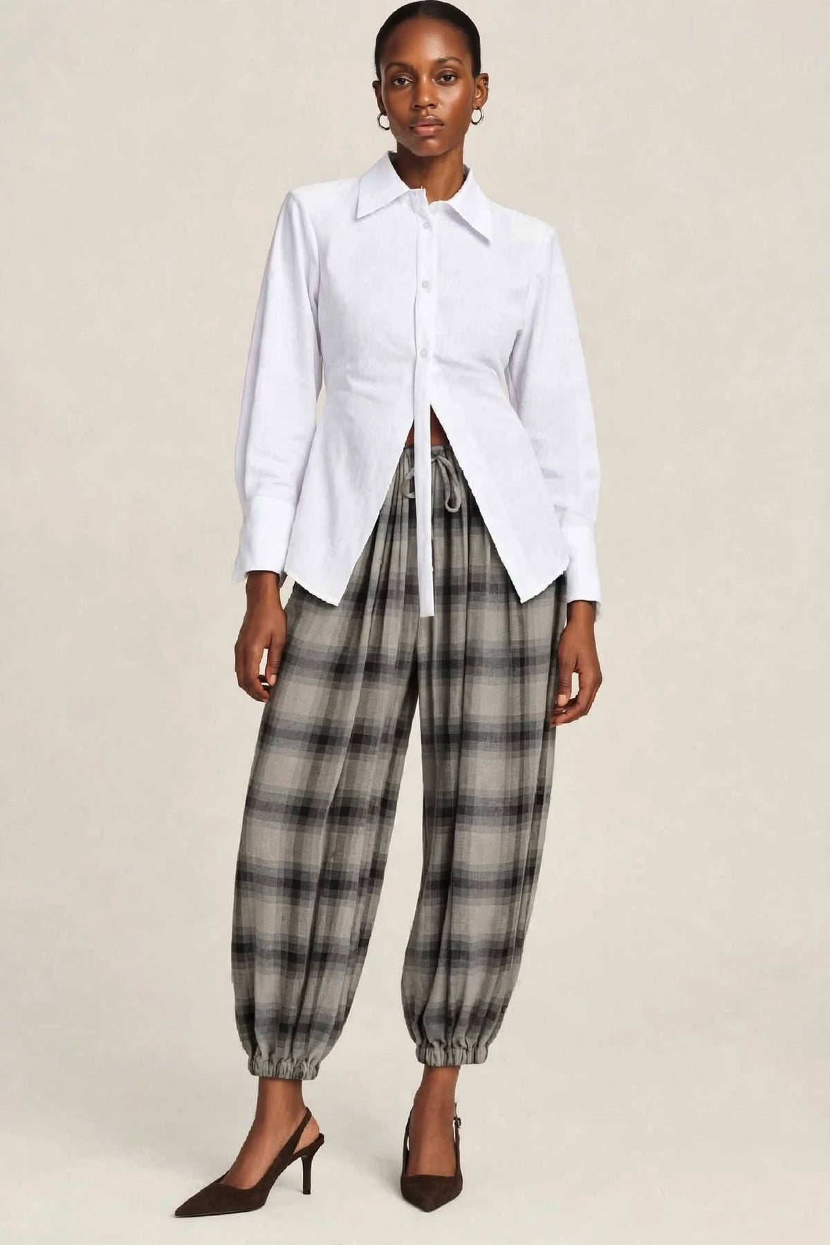 Pantaloni palazzo fantasia check elastico fondo