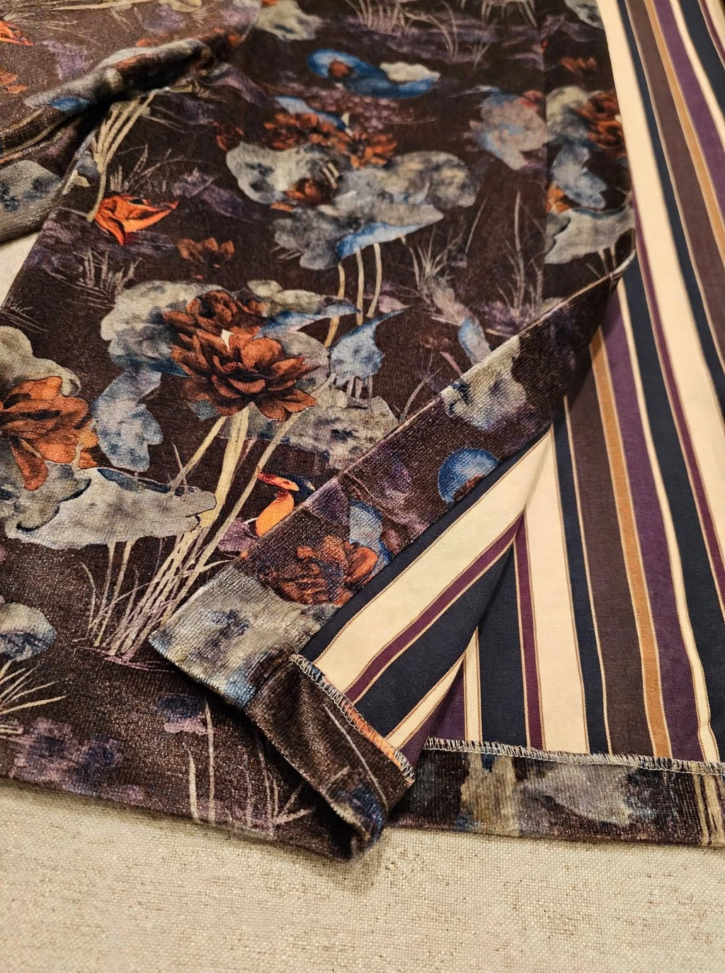 Giacca Kimono Marrone Fiori Acquerello con Fodera a Righe