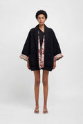 Giacca Kimono - Bouclé Nero con Fodera Floreale Beige