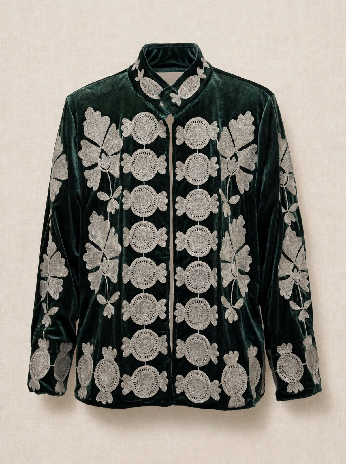 Giacca Kimono Suzani - Velluto Verde Bosco Ricamato