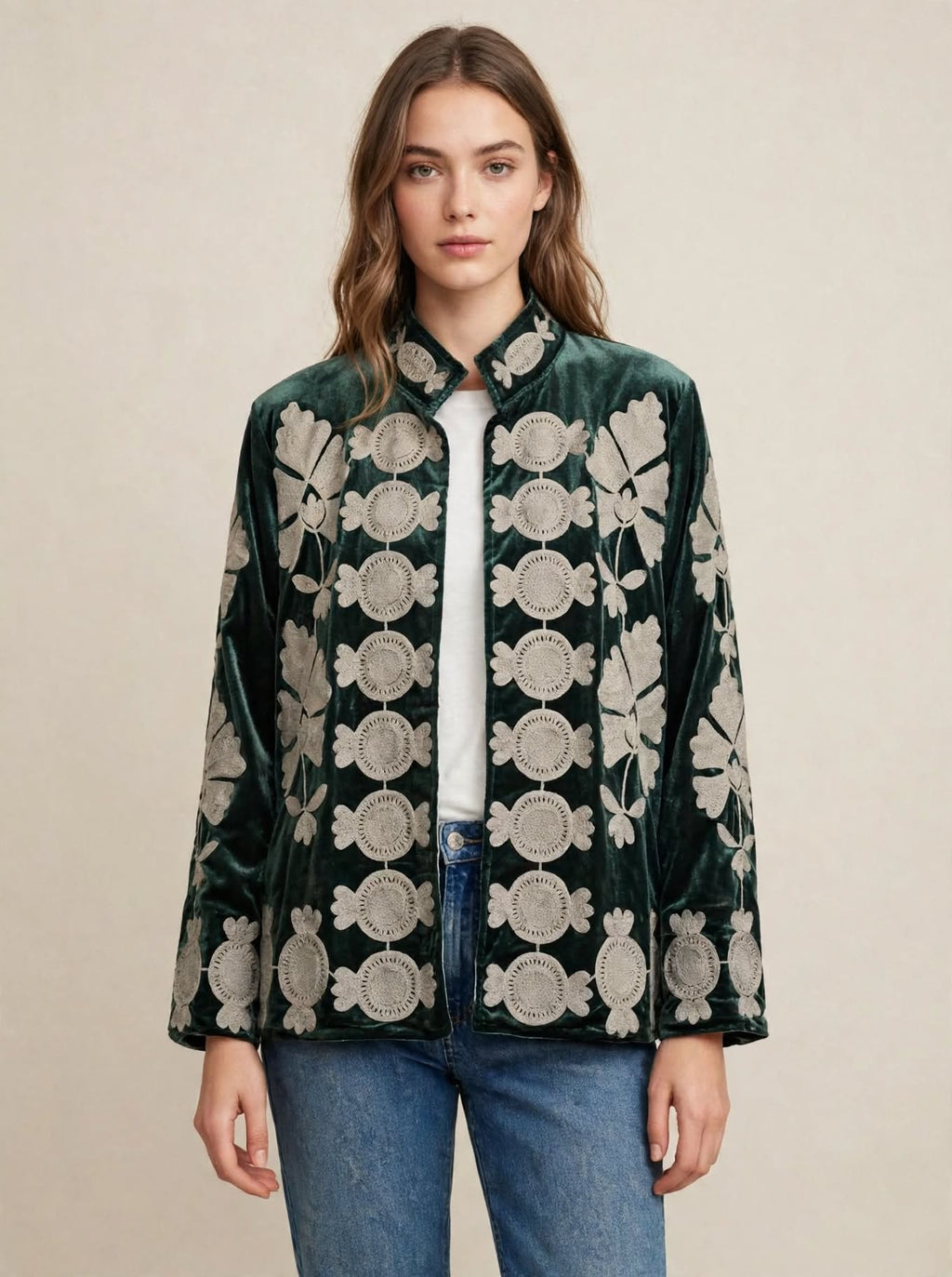 Giacca Kimono Suzani - Velluto Verde Bosco Ricamato