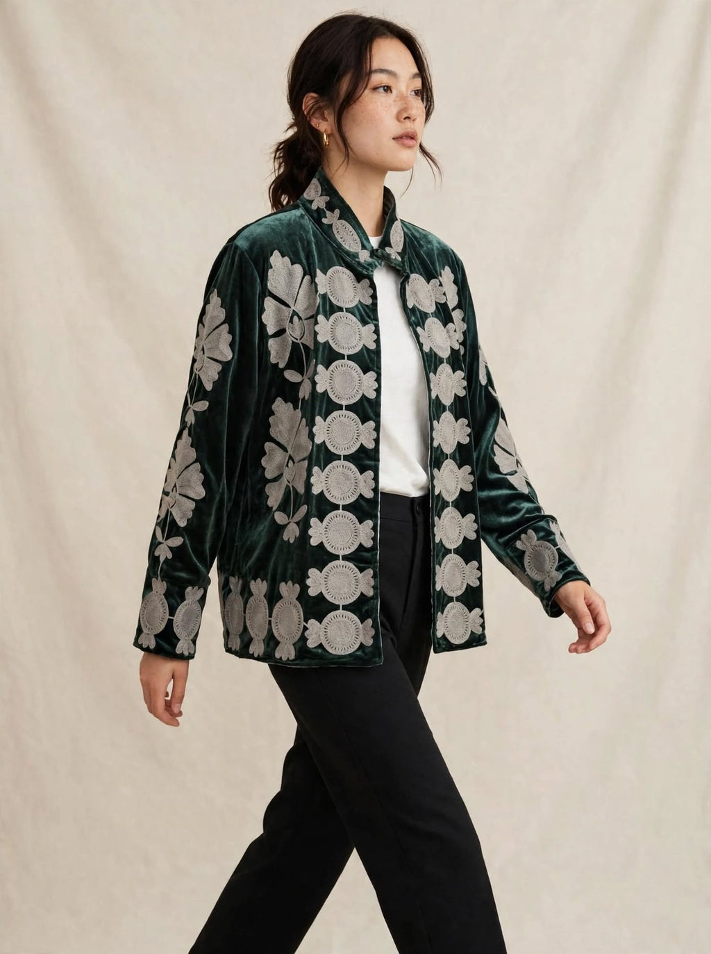 Giacca Kimono Suzani - Velluto Verde Bosco Ricamato