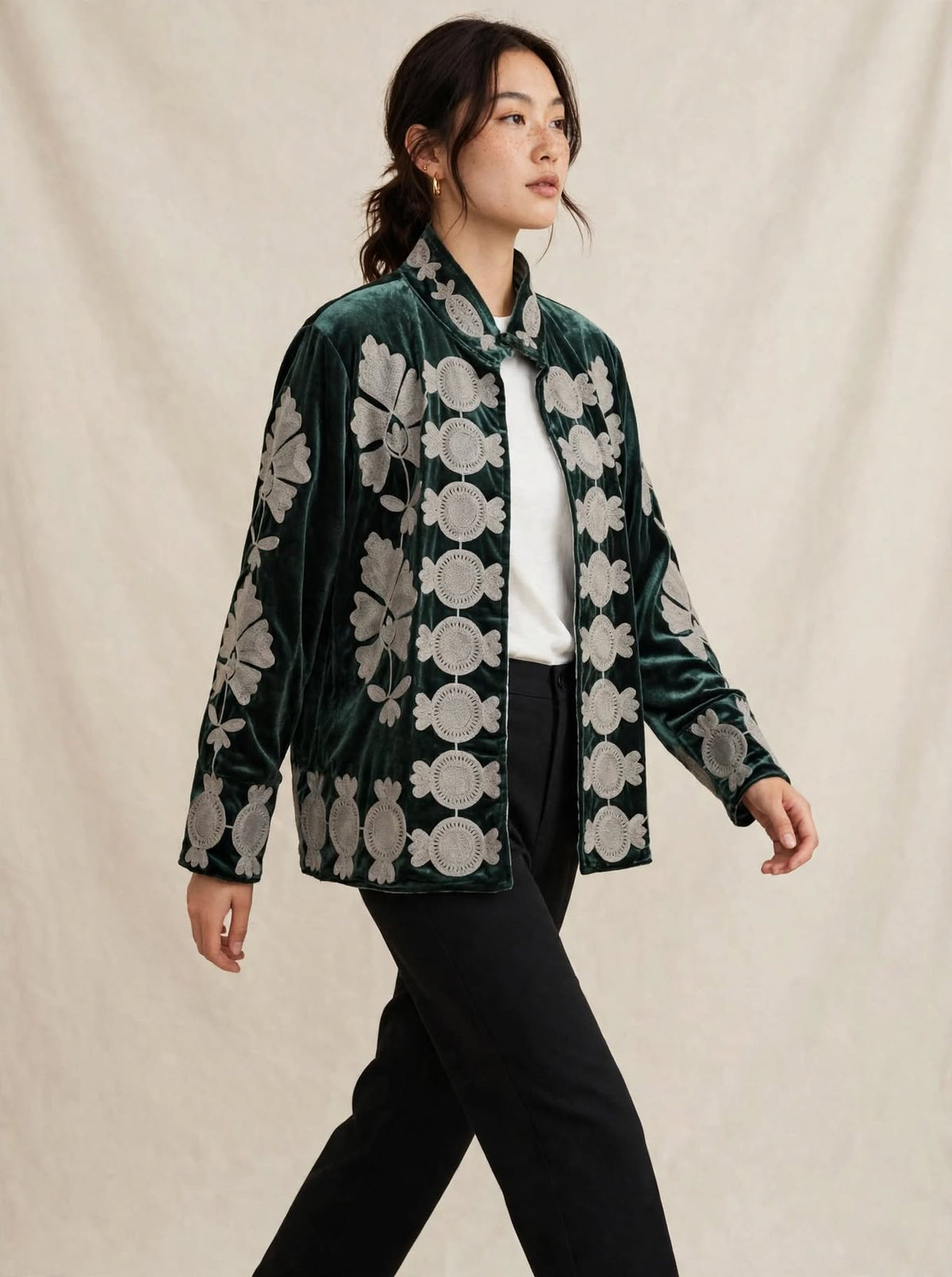 Giacca Kimono Suzani - Velluto Verde Bosco Ricamato