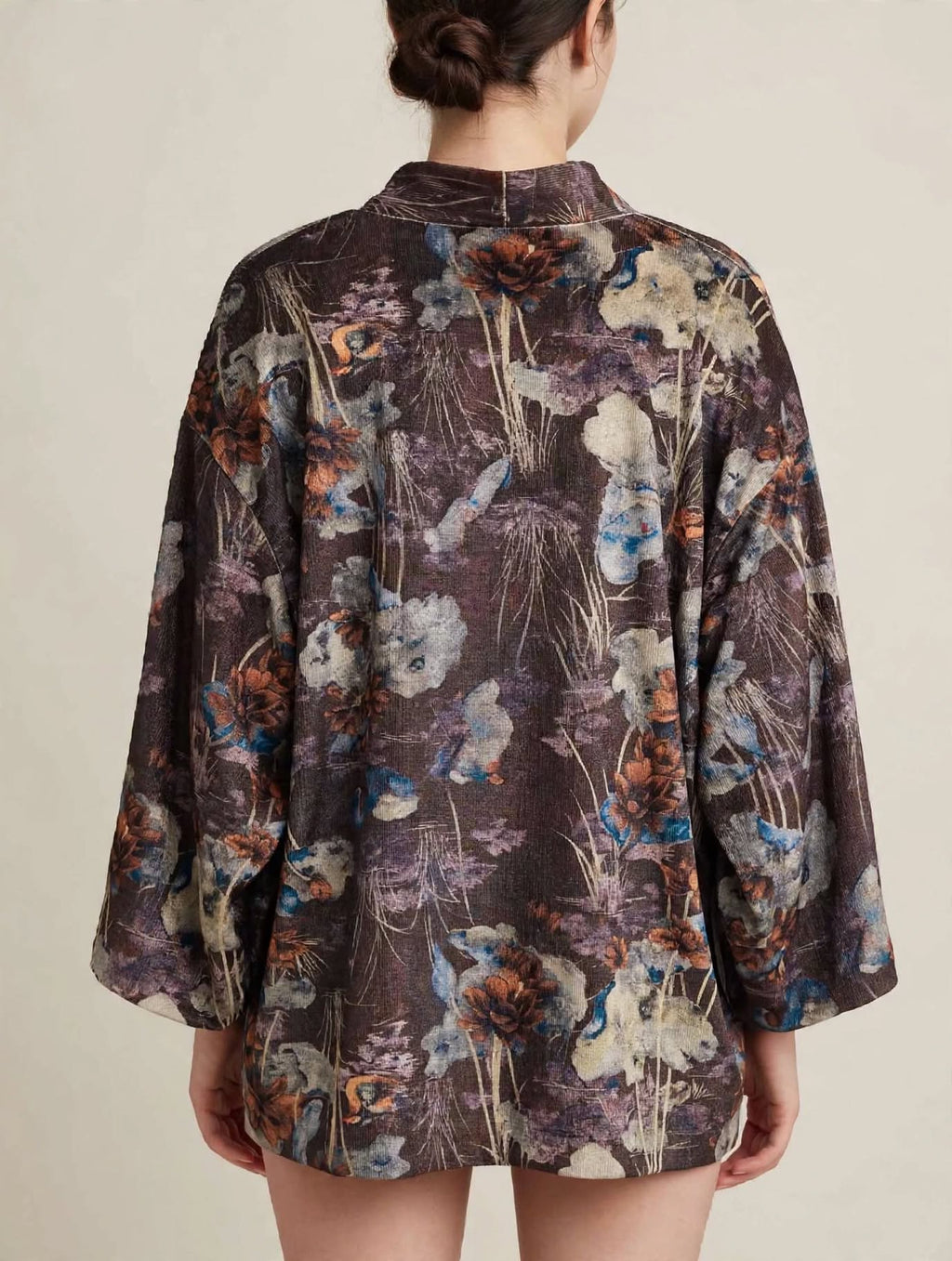 Giacca Kimono Marrone Fiori Acquerello con Fodera a Righe