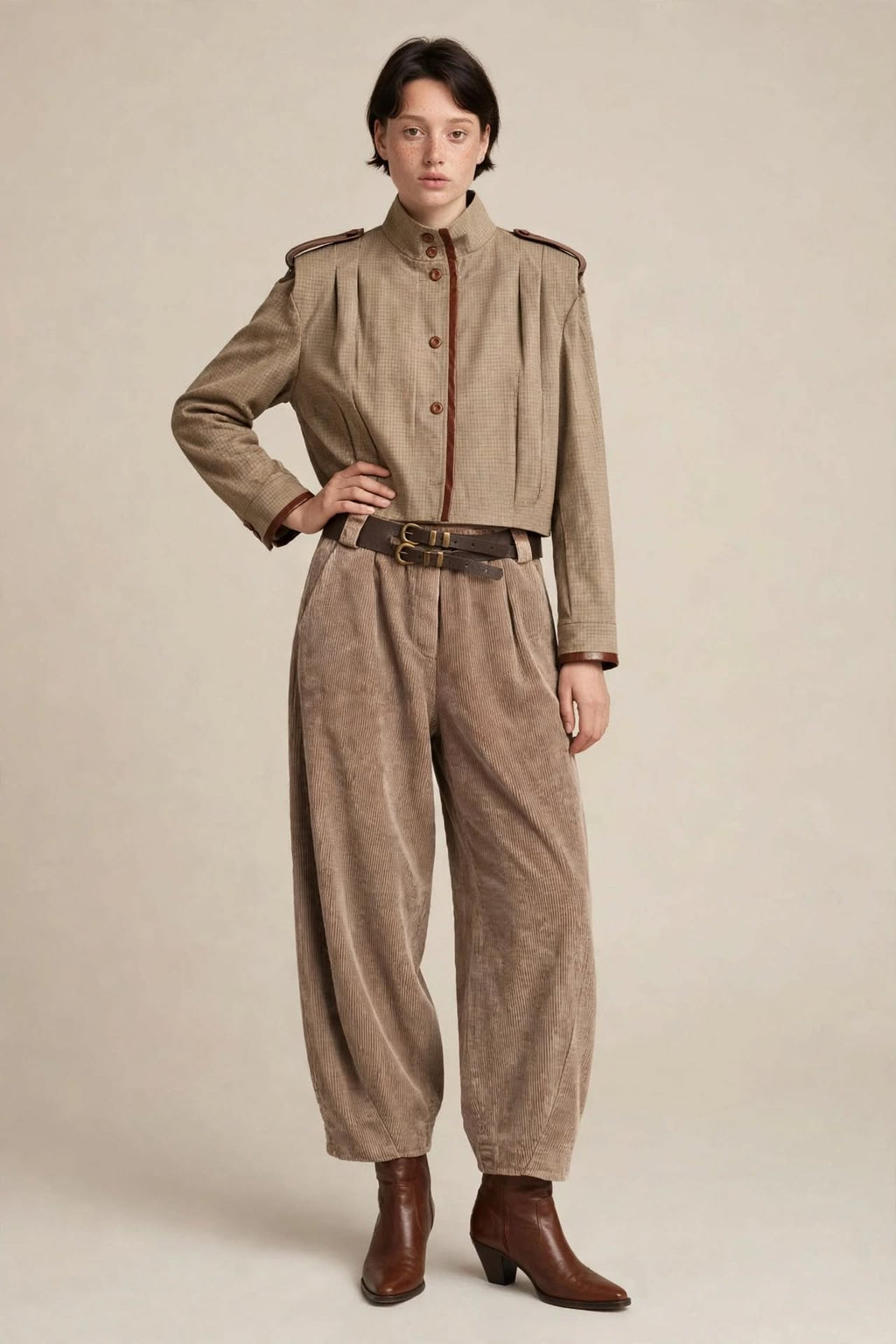 Pantalone Balloon Beige Taupe - Velluto a Coste Mille Righe con Cintura