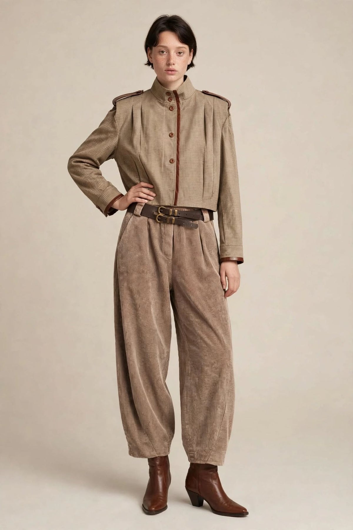 Pantalone Balloon Beige Taupe - Velluto a Coste Mille Righe con Cintura