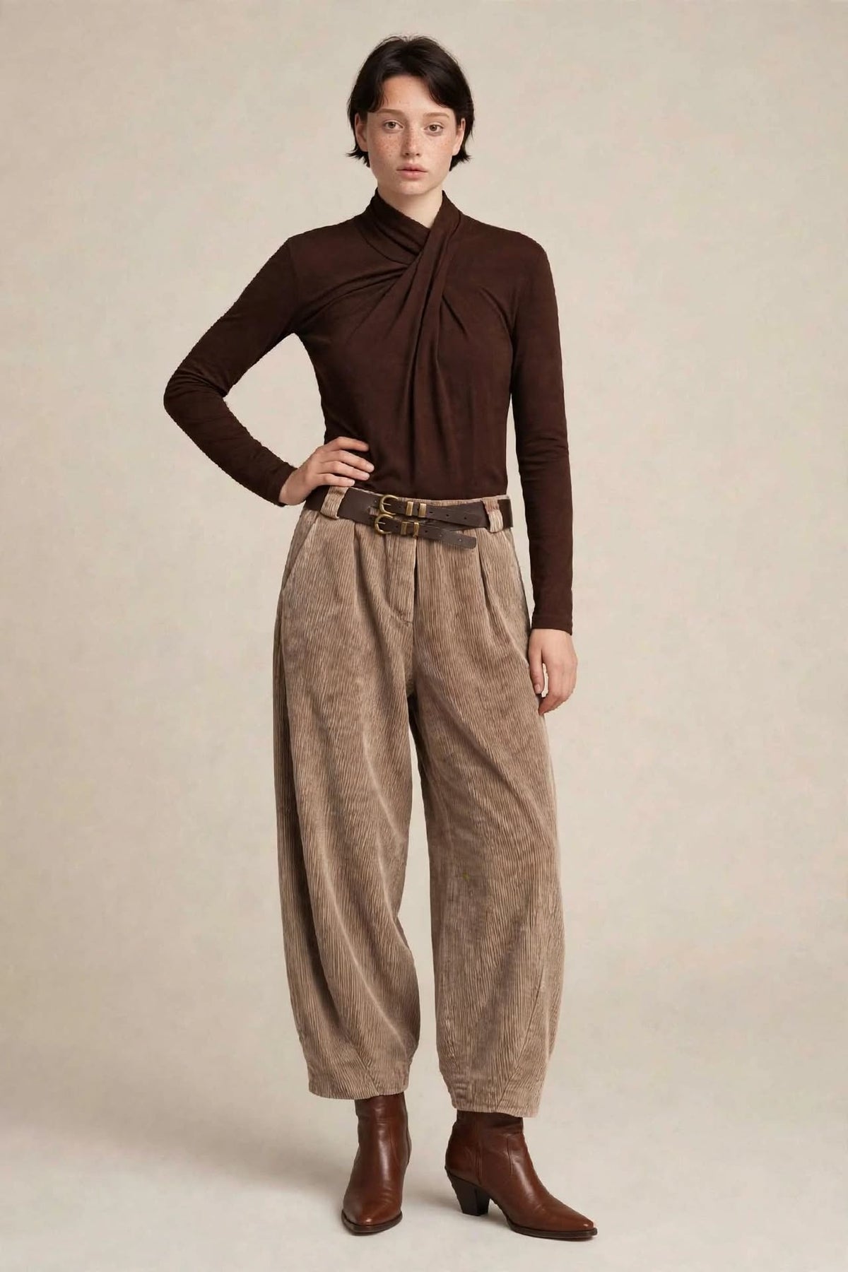 Pantalone Balloon Beige Taupe - Velluto a Coste Mille Righe con Cintura