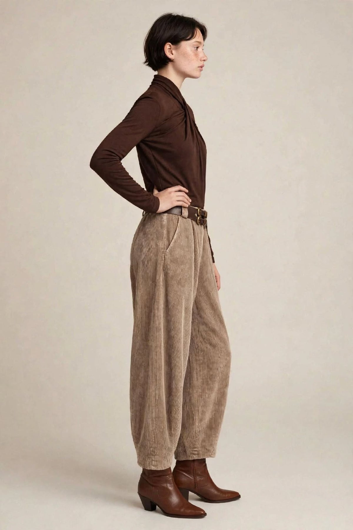 Pantalone Balloon Beige Taupe - Velluto a Coste Mille Righe con Cintura