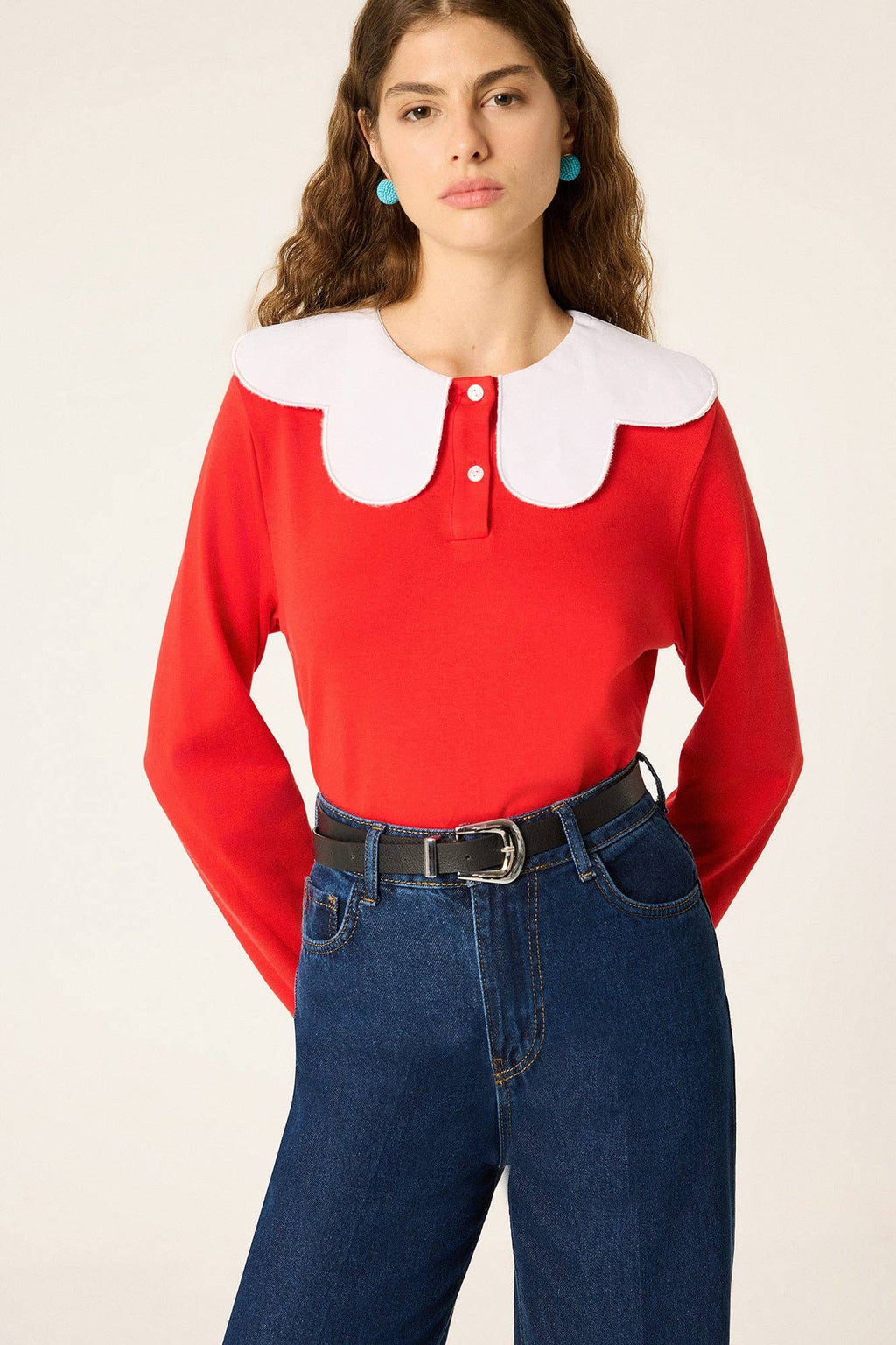 Felpa in cotone con colletto Peter Pan a contrasto