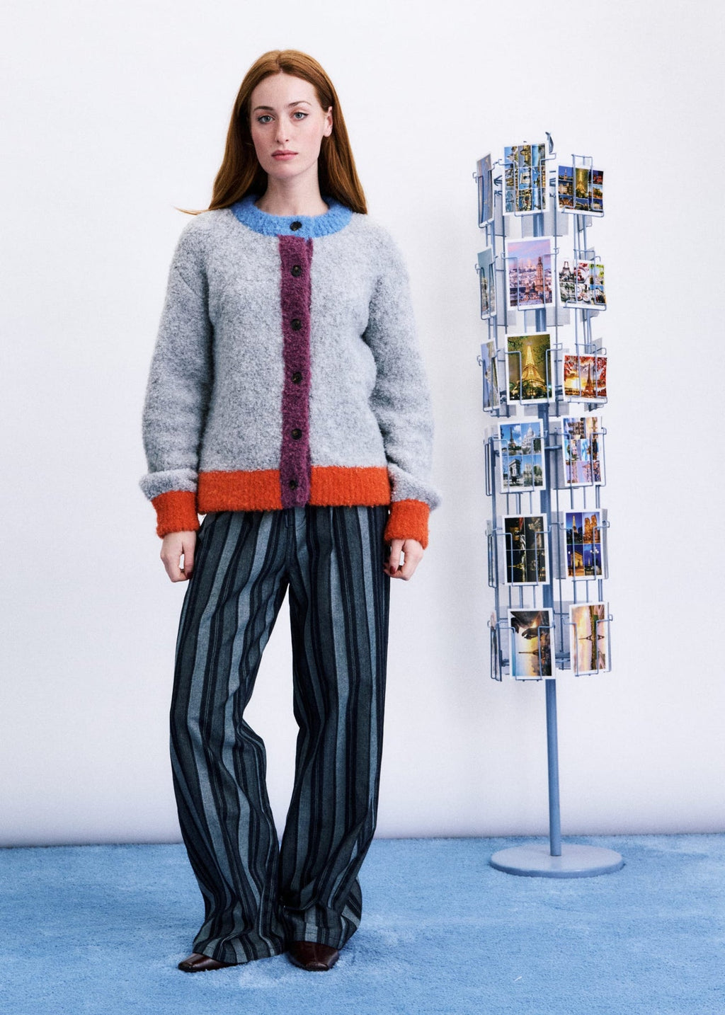 CARDIGAN FLUFFY COLOR-BLOCK - GRIGIO / AZZURRO / VIOLA / ARANCIONE
