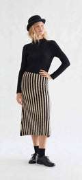Gonna Midi a Righe Nere e Beige in Maglia Lurex