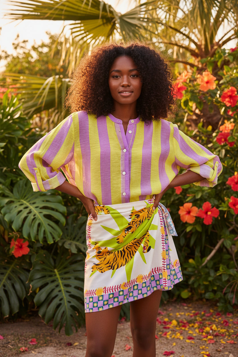 Camicia over righe lilla e lime