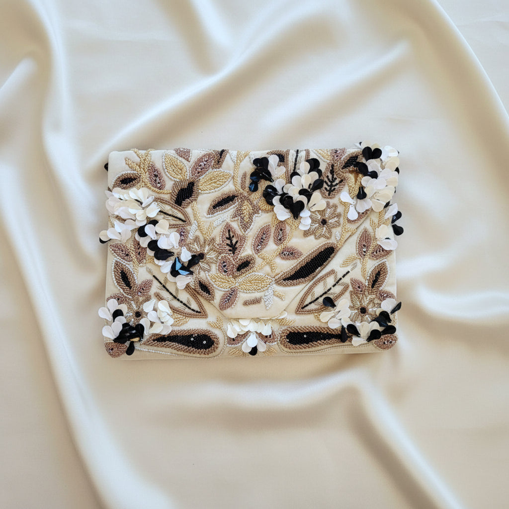 Pochette Maxi perline e petali avorio