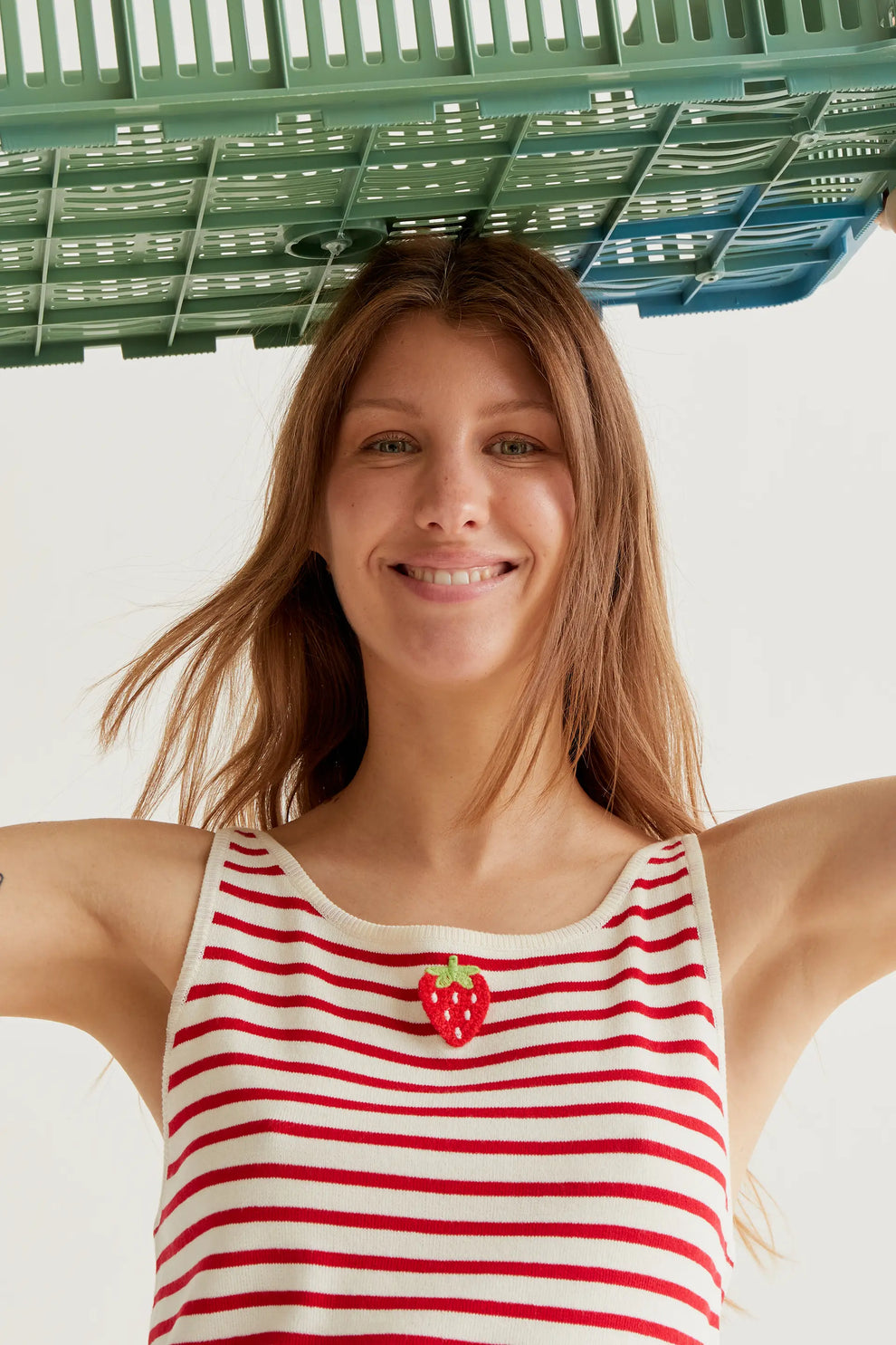White and red striped top with strawberry embroidery
