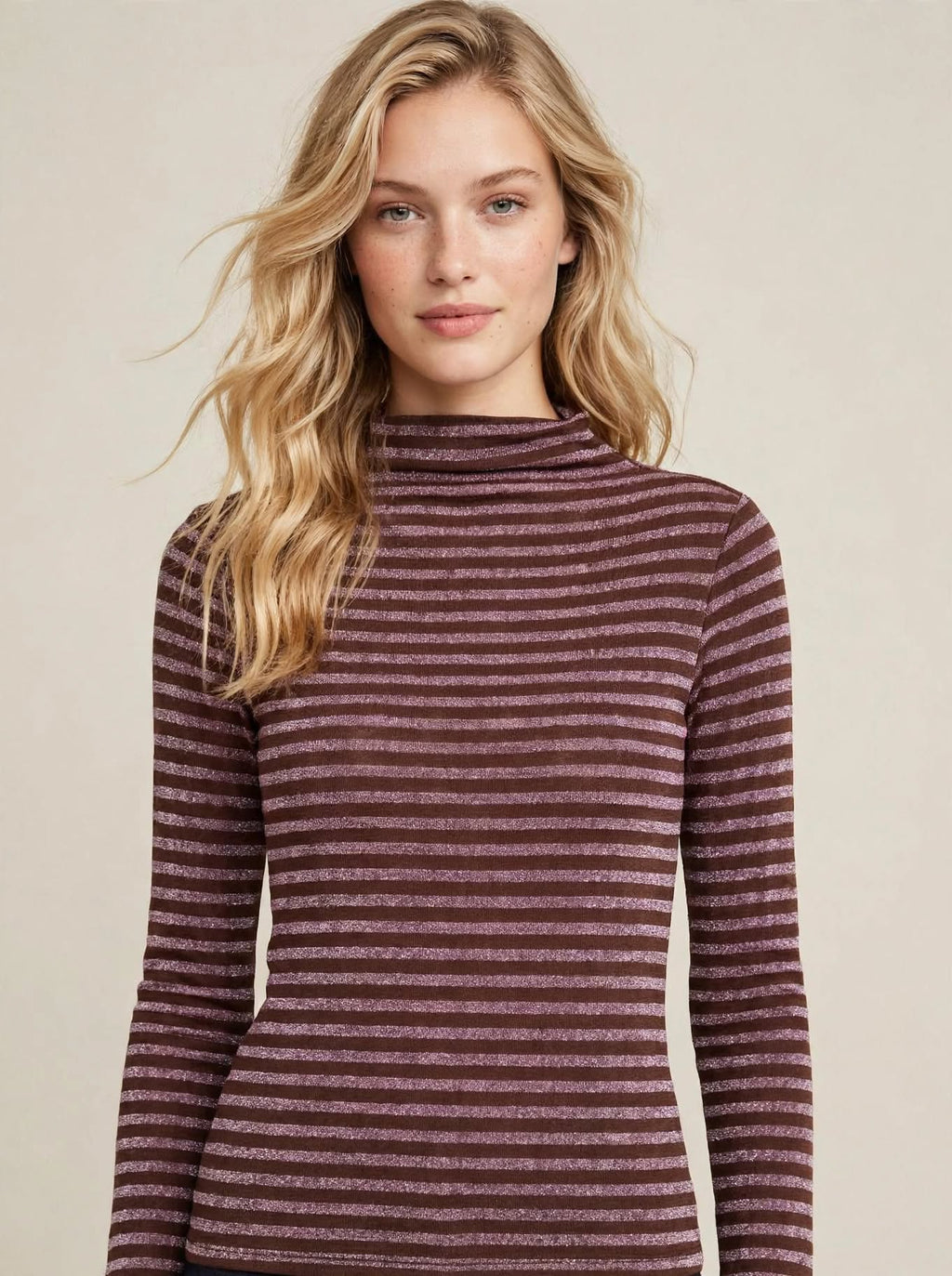 Maglia Collo Alto Lurex a Righe Marrone Cioccolato e Malva Glitter