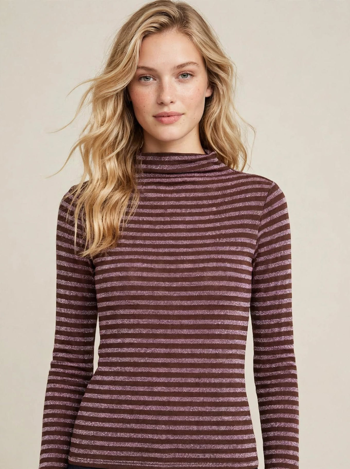 Maglia Collo Alto Lurex a Righe Marrone Cioccolato e Malva Glitter