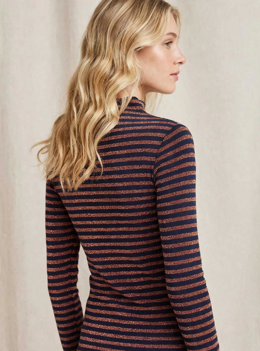 Maglia Collo Alto Lurex a Righe  bronzo e blu   Glitter
