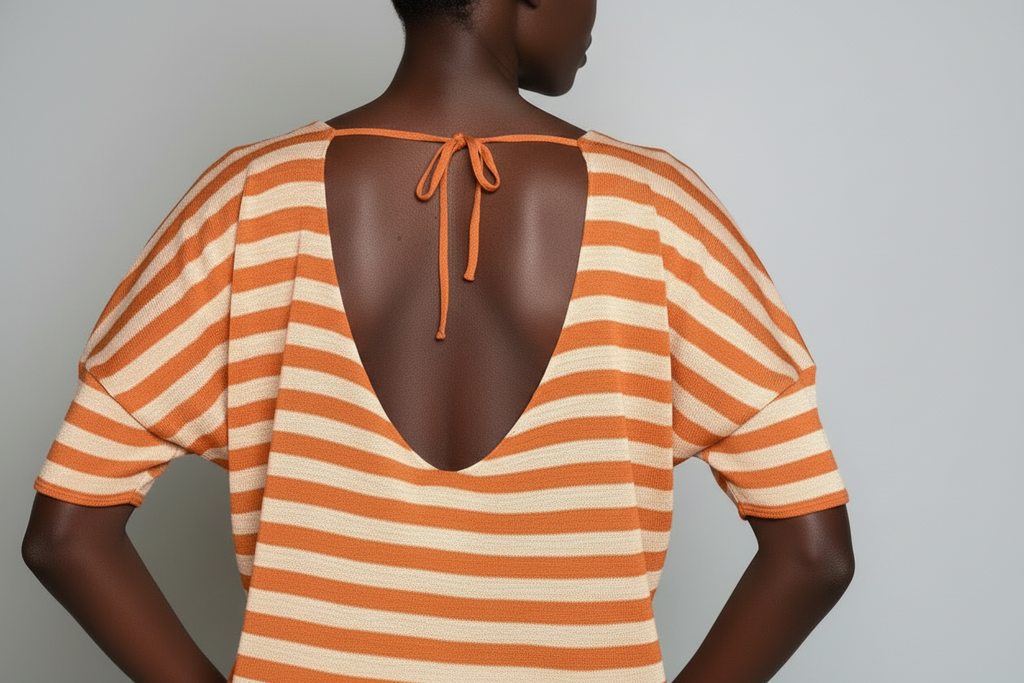 Maglia in Filo a Righe con Scollo V e Fiocco sul Retro
