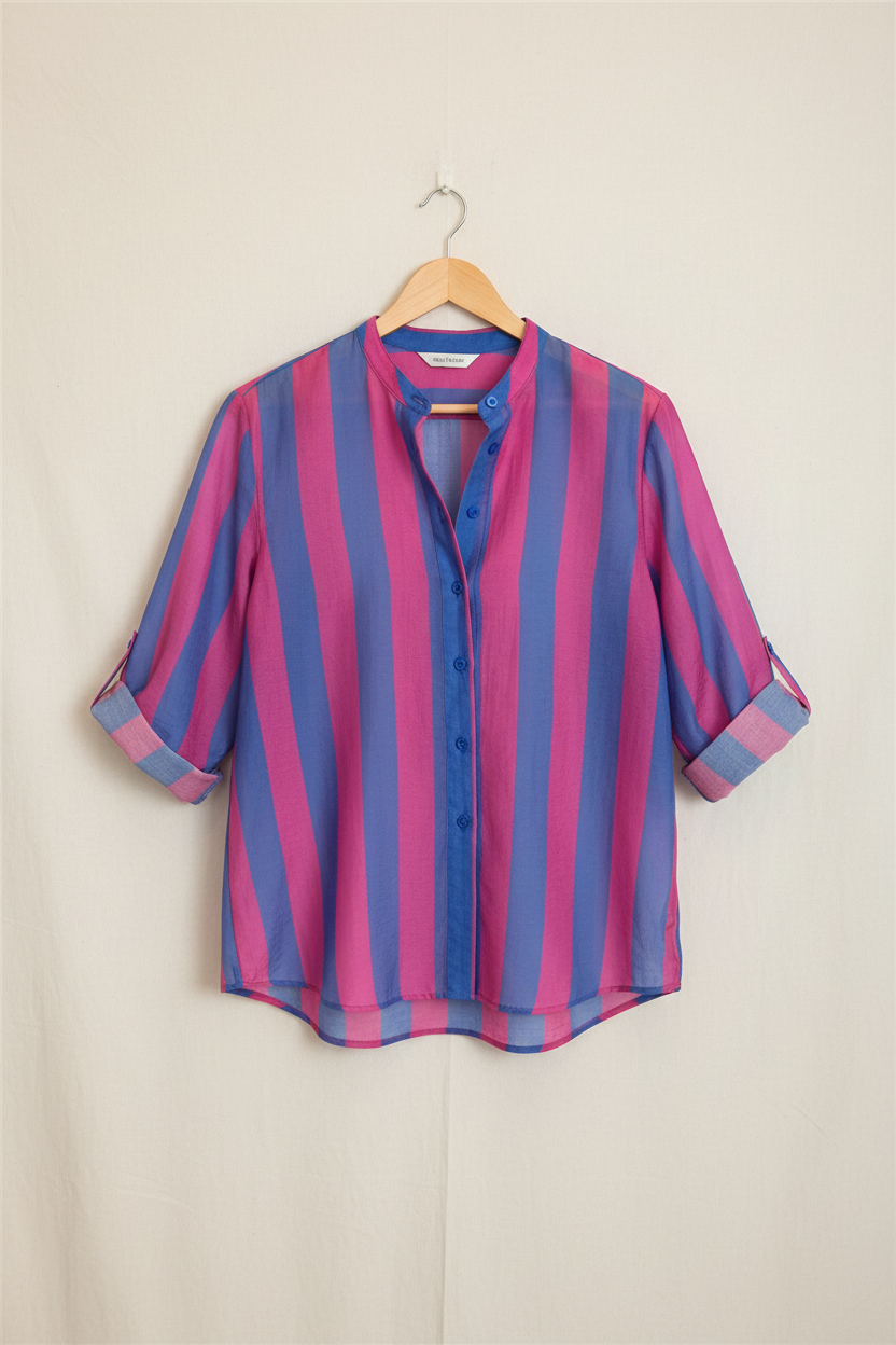 Camicia collo alla coreana  riga blu fucsia