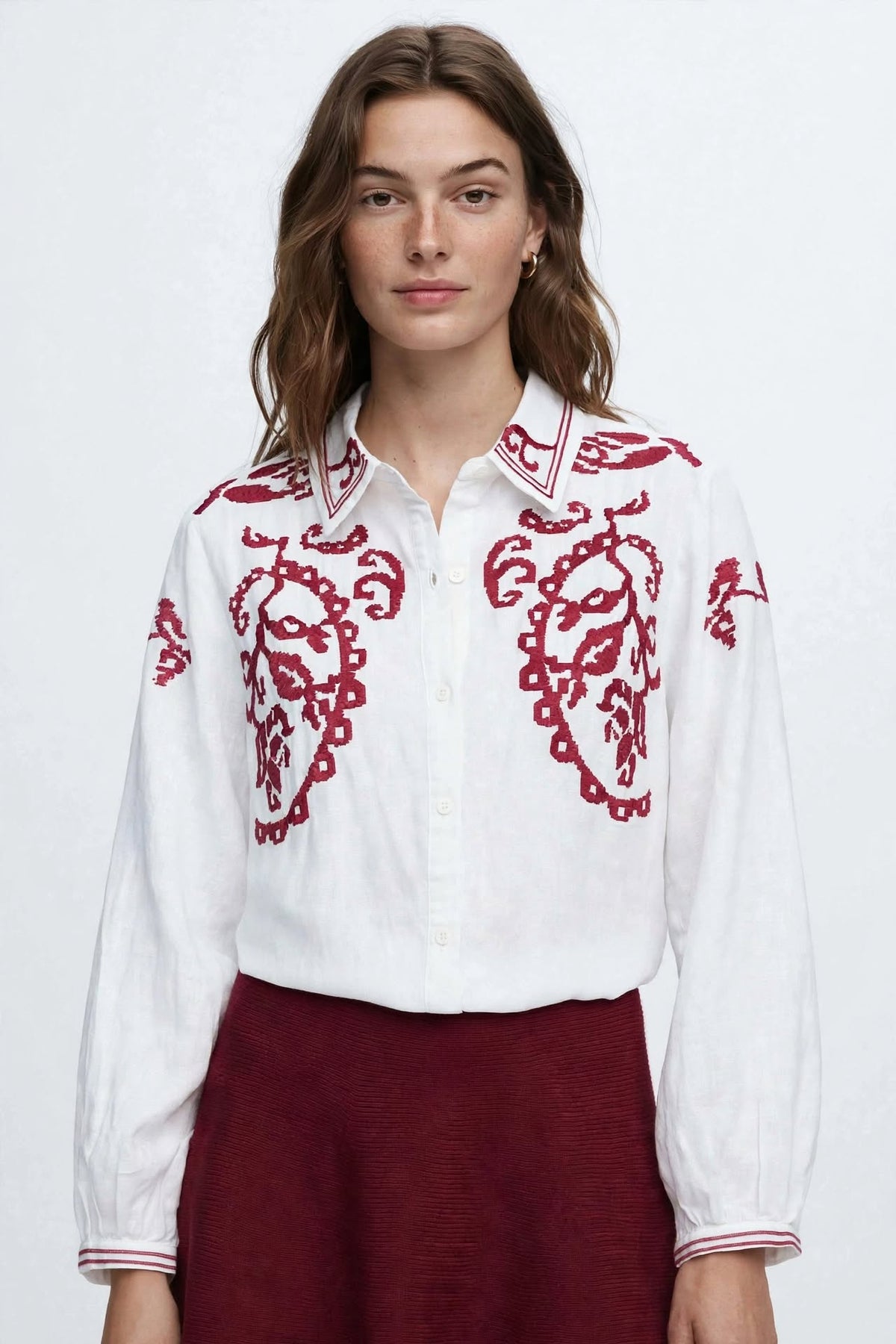 Camicia Ricamata Alina - Bianco / Bordeaux