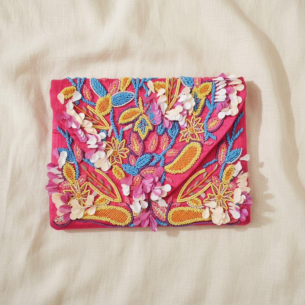Pochette maxi con perline e petali fucsia