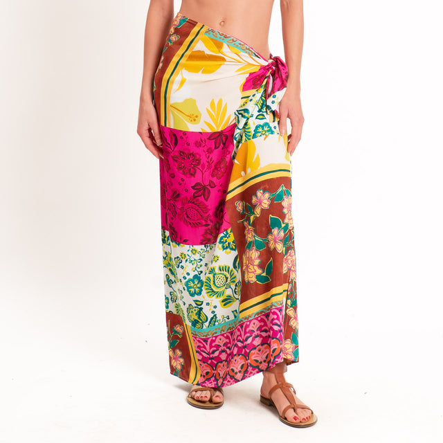 Gonna pareo fantasia floreale - fucsia/latte/verde