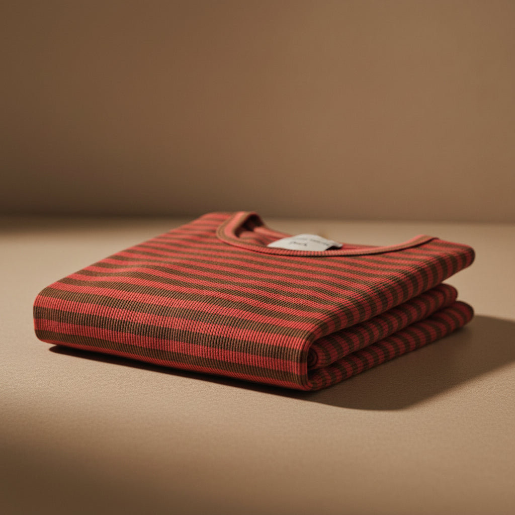 T-shirt rossa e marrone a costine