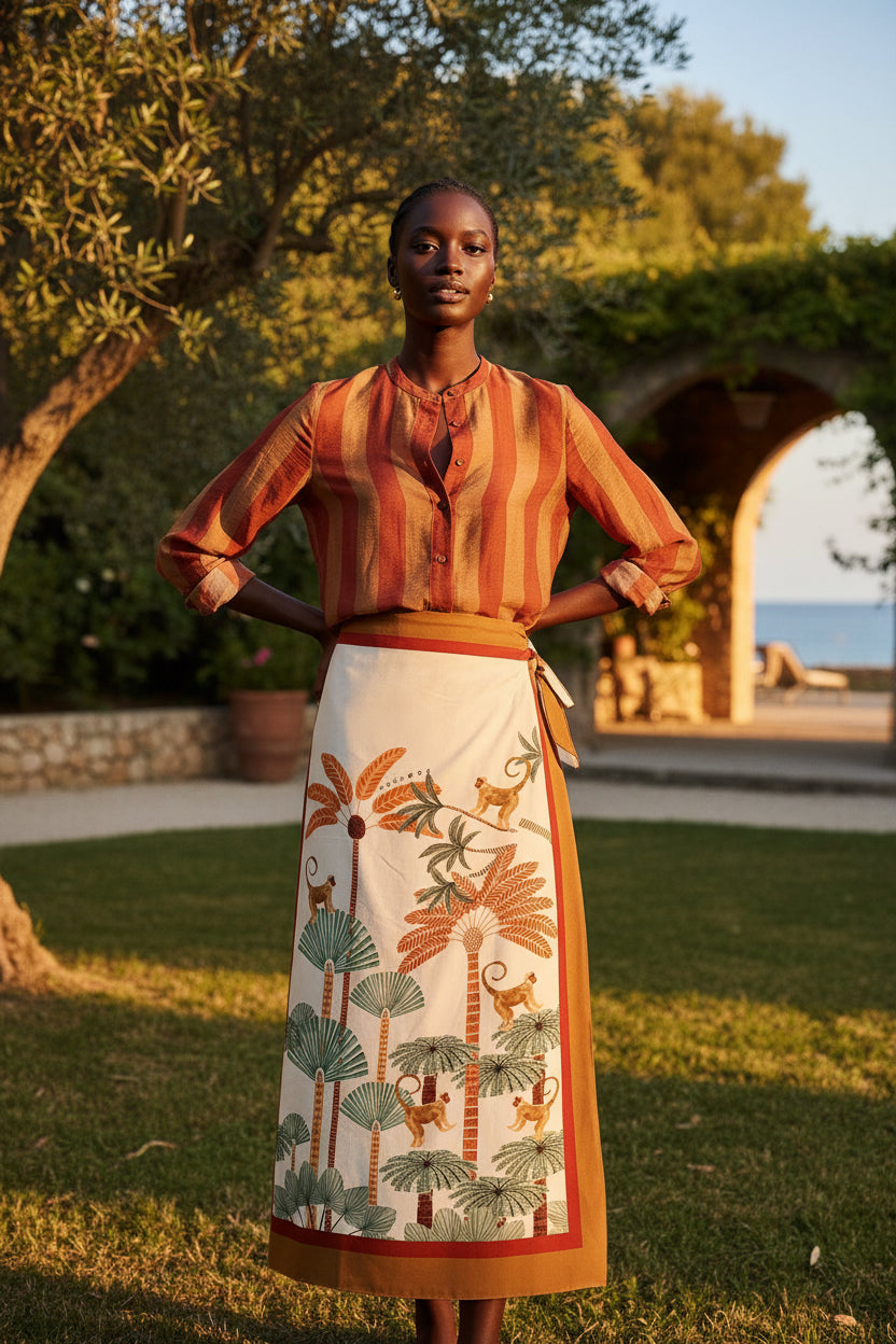 Camicia a righe mussola di lyocell - tabacco/india