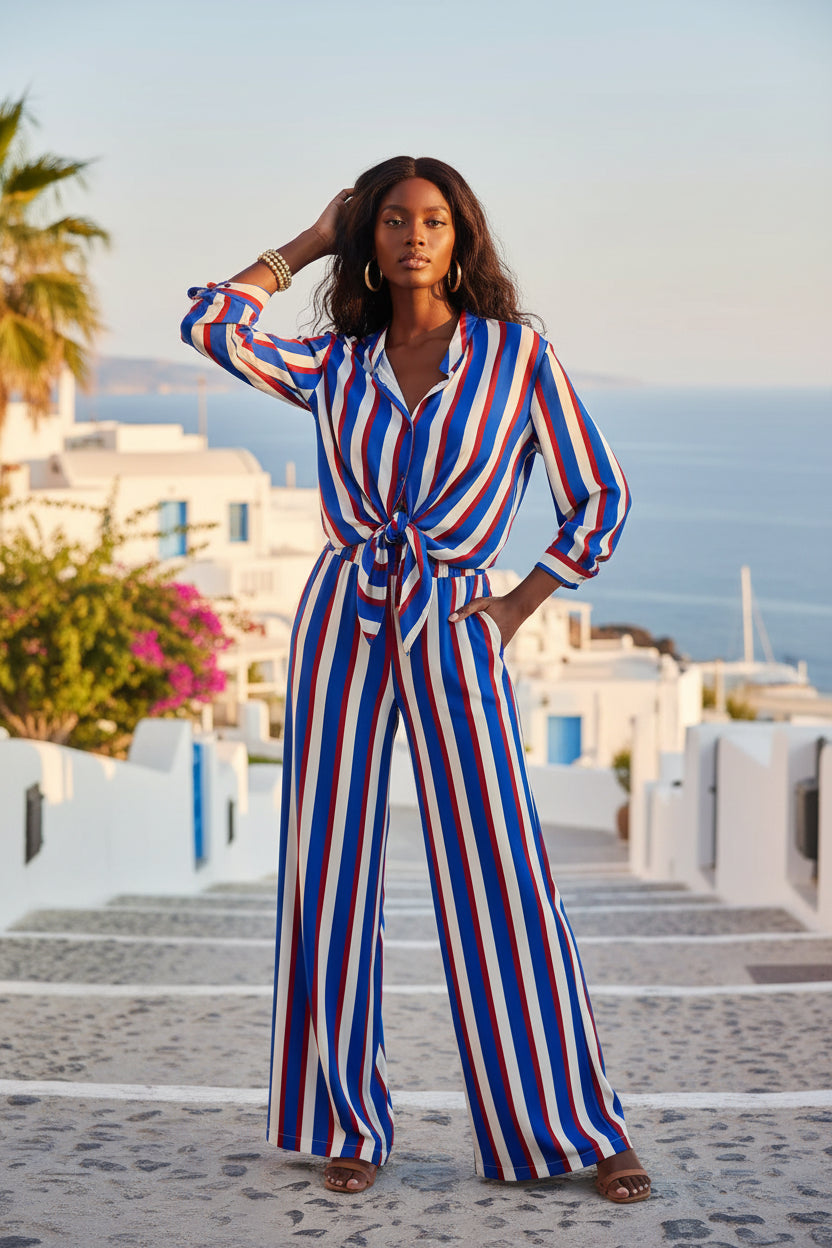Pantalone righe cinturino alto tasche interne