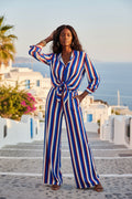Pantalone righe cinturino alto tasche interne