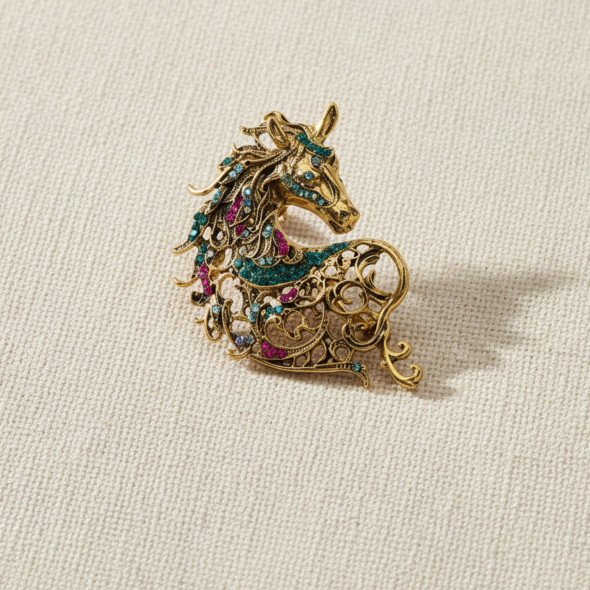 Horse brooch with filigree and coloured stones
