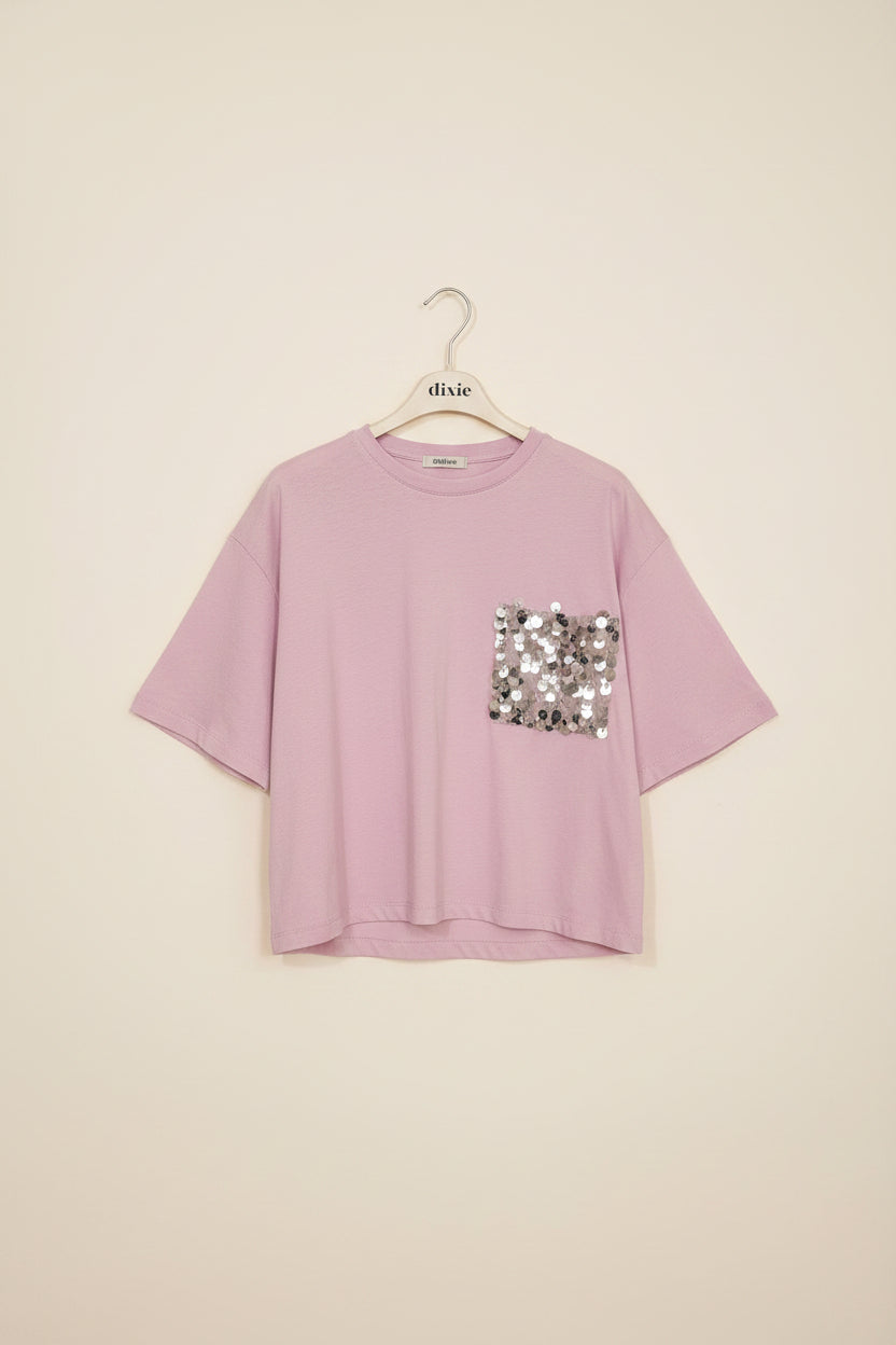 T-shirt a maniche corte con tasca decorata paillettes