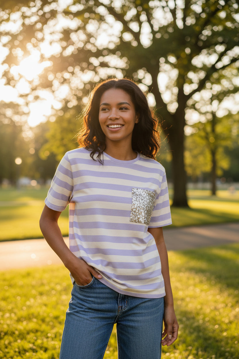 T - shirt rigata tasca pailettes