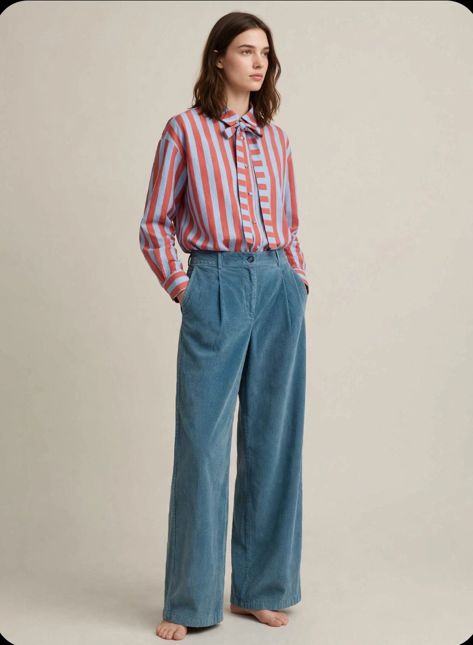 Nice Things Paloma S. Pantalone Palazzo Velluto a Coste Sottile Azzurro Polvere  - Gamba Ampia Vita Alta - Tintura in Capo - FW'26