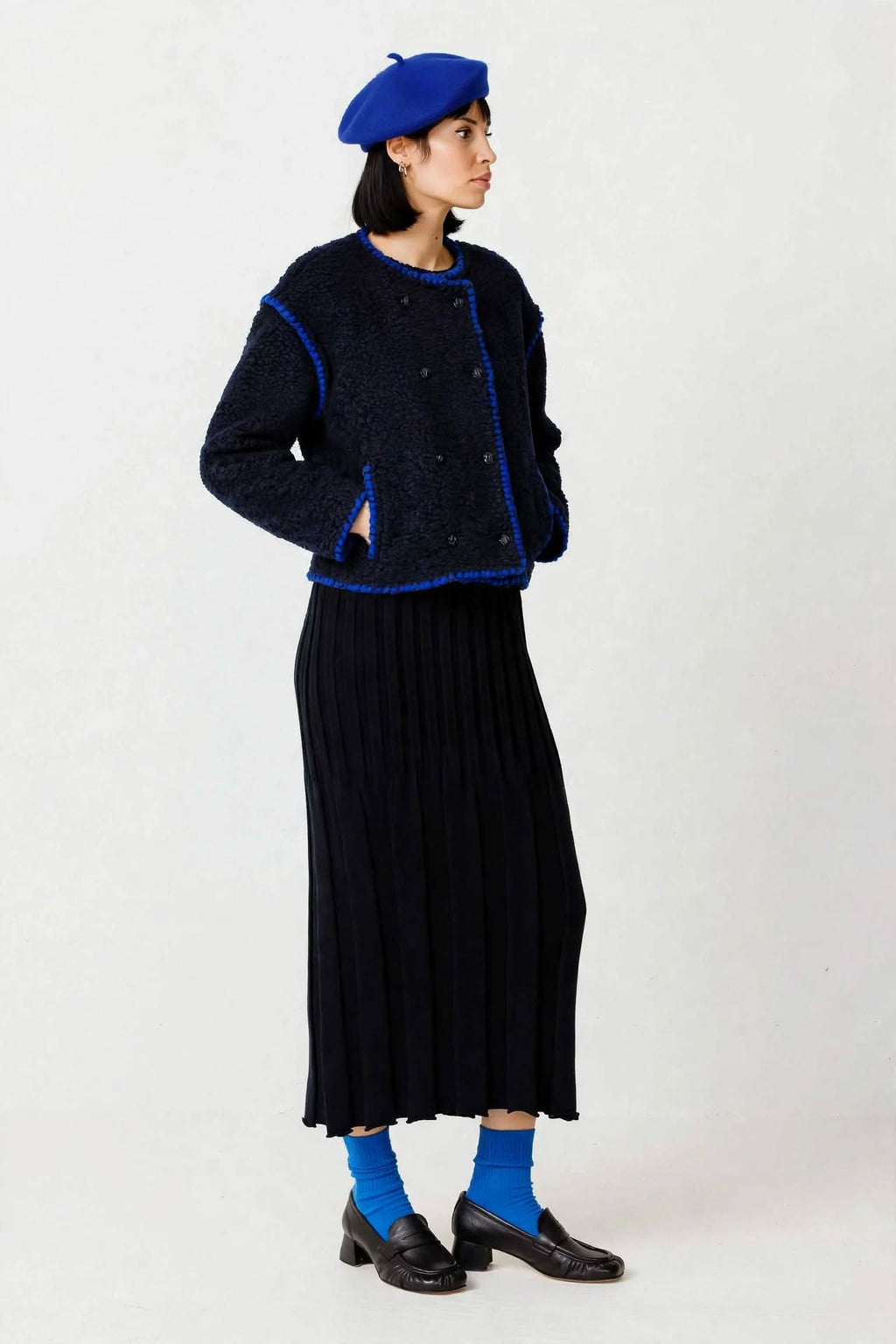 Giacca bouclé corta doppiopetto  - Navy Blue con profili Royal Blue