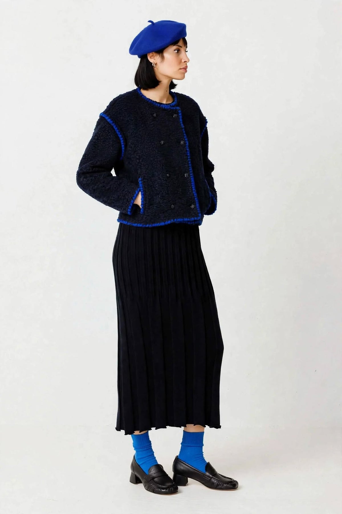 Giacca bouclé corta doppiopetto  - Navy Blue con profili Royal Blue