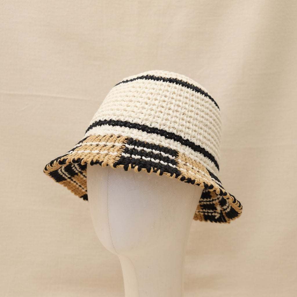Cappello da sole in rafia beige e nero a righe  (bucket hat)